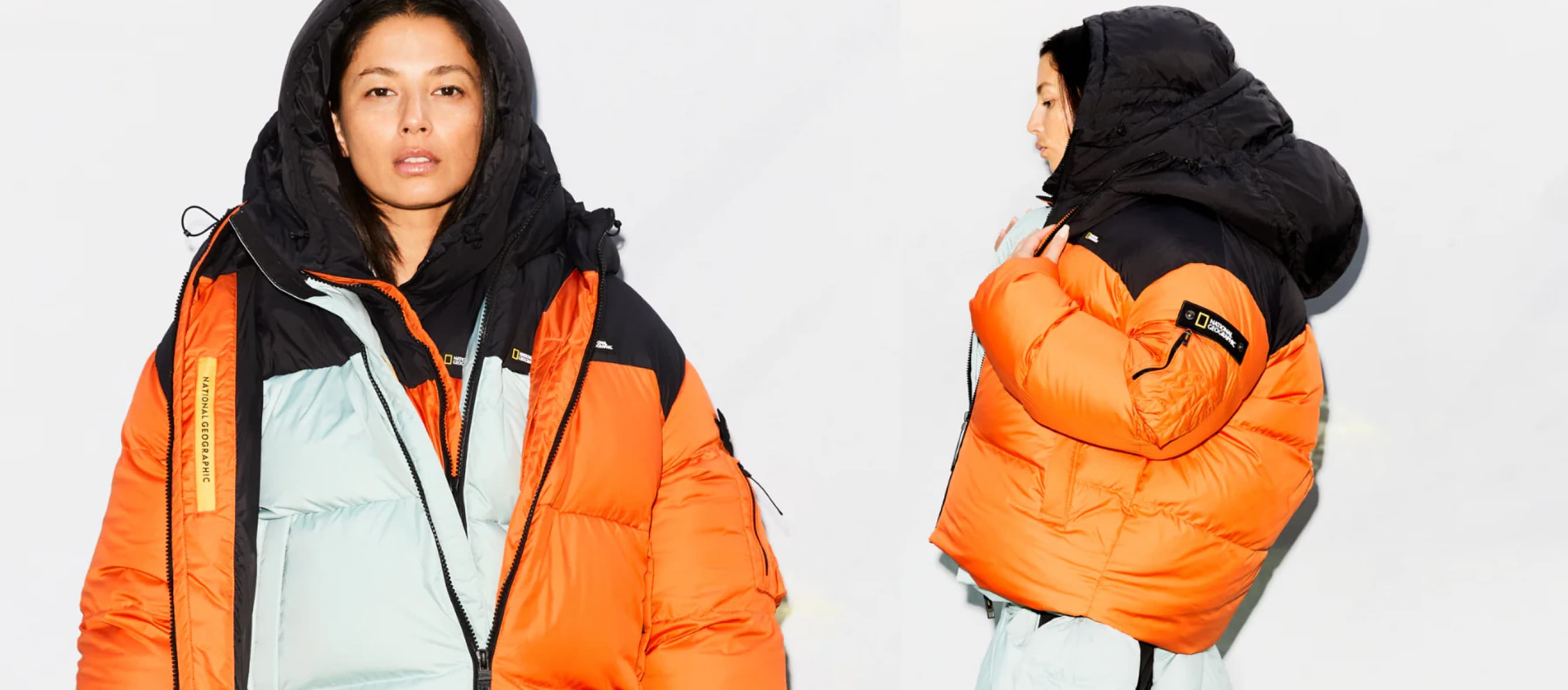 women wearing National Geographic orange winter jacket